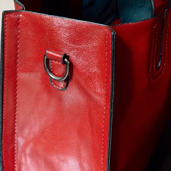 Red Tote Bag PU Leather with Shoulder Strap - Picture 3 of 9